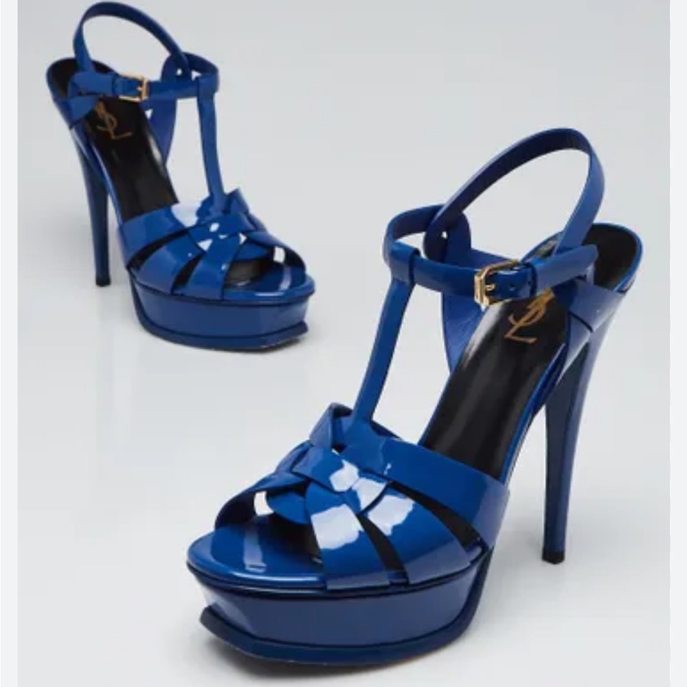 Saint Laurent patent leather Tribute sandal; Blue Heels